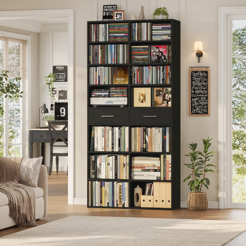 Tall Bookshelf with Drawers – 7-Tier Double Wide Bookcase