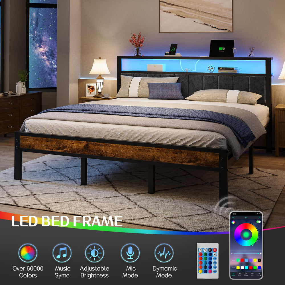 LED Bed Frame with Storage Headboard & Charging Station
