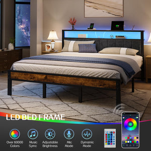 LED Bed Frame with Storage Headboard & Charging Station