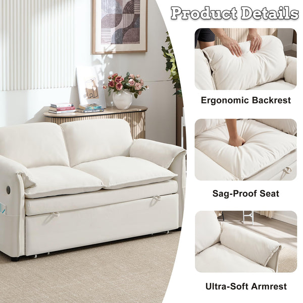 63" Velvet Pull-Out Sofa Bed – 3-in-1 Convertible Futon Loveseat