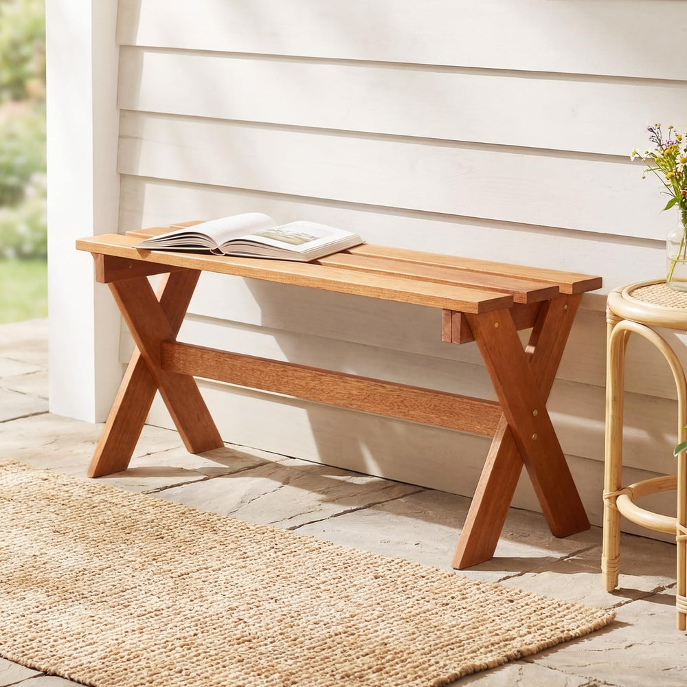 Outdoor Wood Bench – 2-Person Hardwood Patio Bench with Slatted Seat
