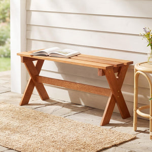 Outdoor Wood Bench – 2-Person Hardwood Patio Bench with Slatted Seat
