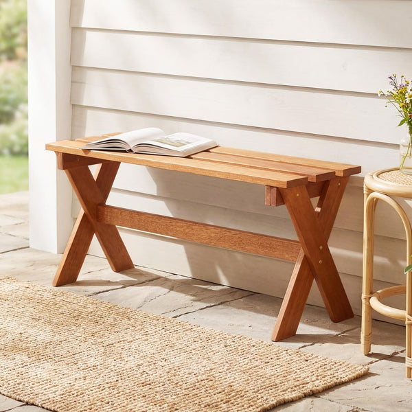 Outdoor Wood Bench – 2-Person Hardwood Patio Bench with Slatted Seat