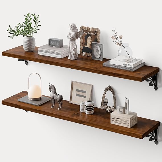 Solid Wood Floating Wall Shelves with Metal Brackets – Set of 2