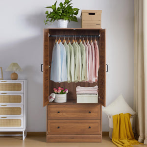 Armoire Wardrobe Closet with Woven Doors, Drawers & Hanging Rail