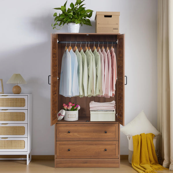 Armoire Wardrobe Closet with Woven Doors, Drawers & Hanging Rail