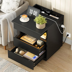 Nightstand with Charging Station, LED Light, Lockable Compartment & Drawers