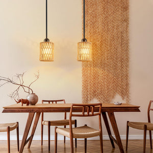 Rattan Boho Pendant Light with Linen Shade & Iron Rods | Adjustable Height
