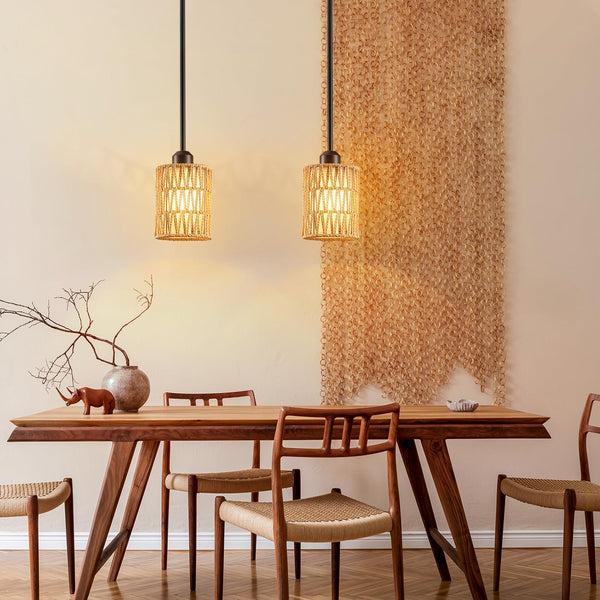 Rattan Boho Pendant Light with Linen Shade & Iron Rods | Adjustable Height