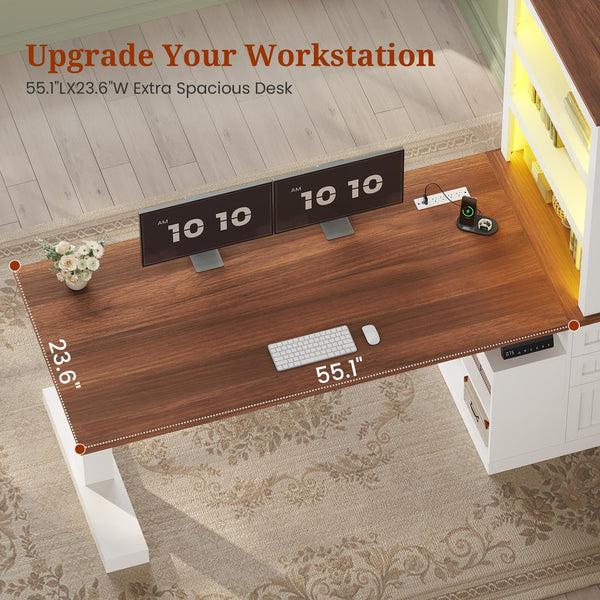 Electric Standing Desk with Bookcase, Drawers & Power Outlets