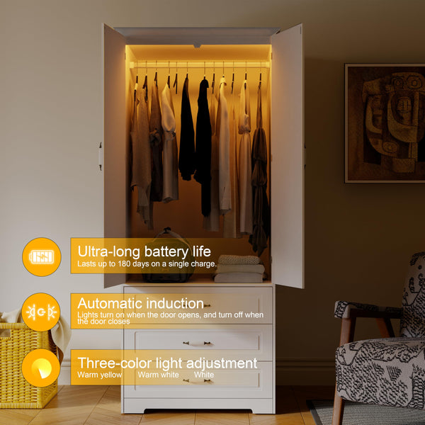 Armoire Wardrobe Closet with Drawers, LED Light & Hanging Rod