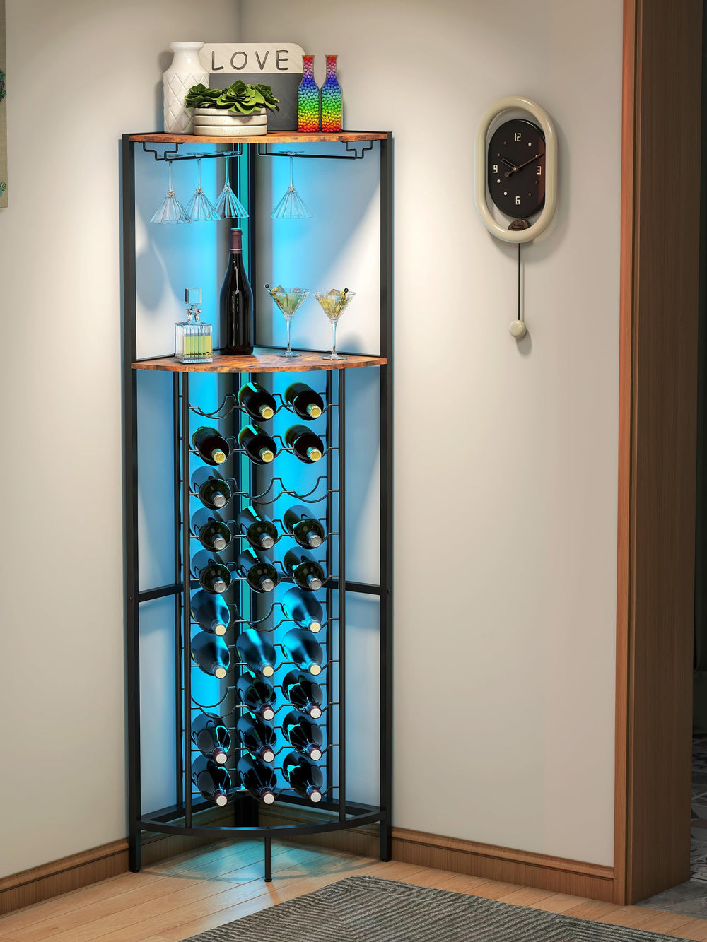 Corner Wine Rack with LED Strip Light & Glass Holder — 30 Bottle, 3-Tier, Brown