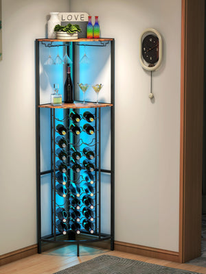 Corner Wine Rack with LED Strip Light & Glass Holder — 30 Bottle, 3-Tier, Brown