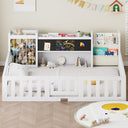 Montessori Floor Bed with Door, Guard Rails, Chalkboard & Bookshelf – Kids Bed Frame