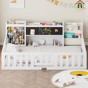 Montessori Floor Bed with Door, Guard Rails, Chalkboard & Bookshelf – Kids Bed Frame