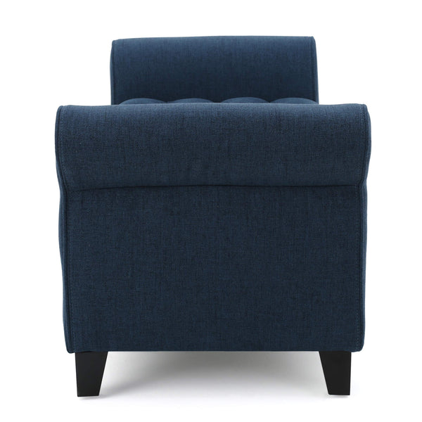 Button-Tufted Fabric Storage Ottoman Bench with Rolled Arms