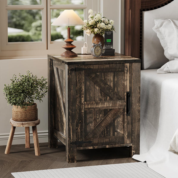 Farmhouse Nightstand with Charging Station & Sliding Barn Door