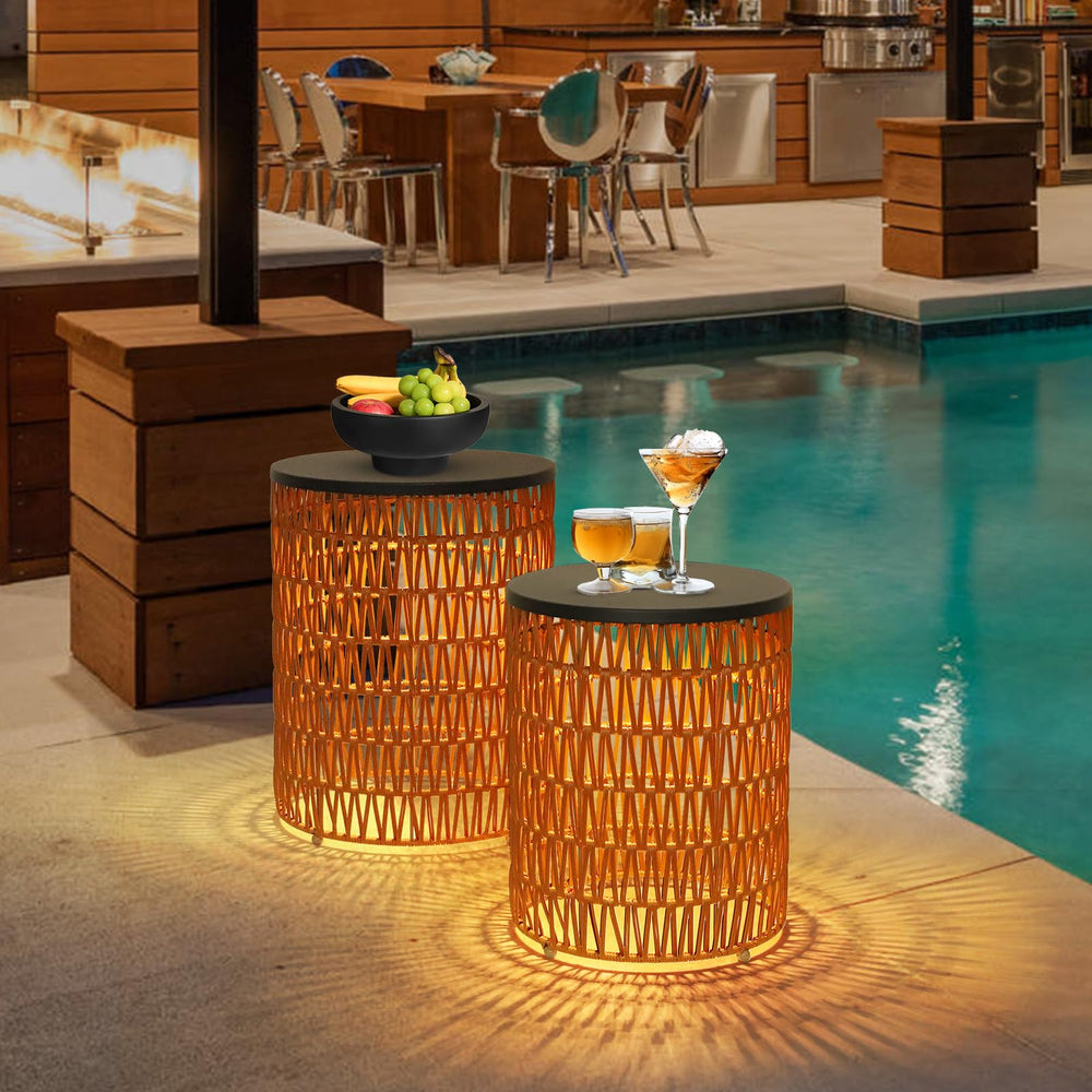 Boho Outdoor Side Table Set of 2 with Dimmable Ambient Light & Remote