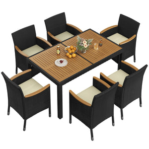 7-Piece Outdoor Rattan Dining Set with Acacia Wood Table & Cushioned Chairs