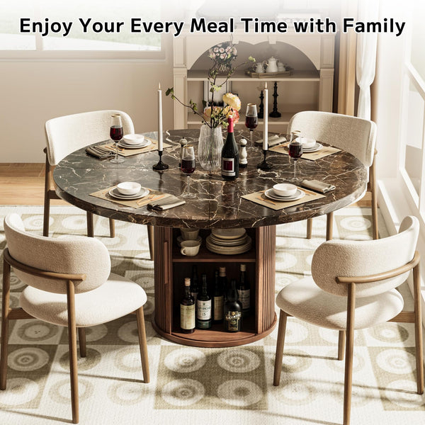 Round Dining Table 47 Inch with Storage Shelf & Marble Top