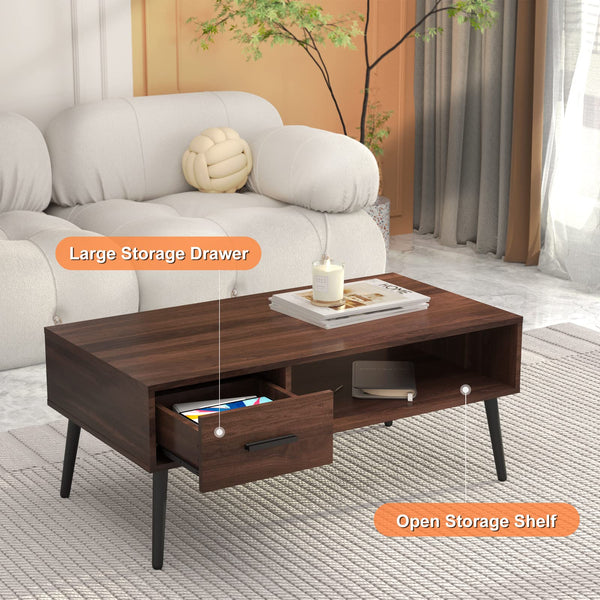 Mid Century Modern Coffee Table with Drawer & Open Storage Shelf