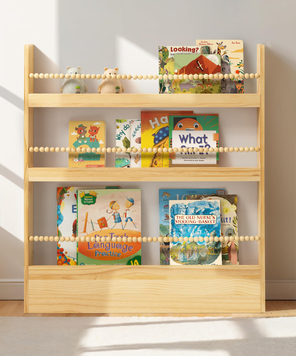 Kids Wall-Mount Bookshelf – 3-Tier Solid Pine, Bohemian