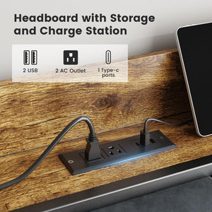 LED Platform Bed Frame with Storage Headboard & Charging Station