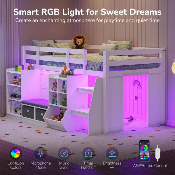 Twin Low Loft Bed with Storage, LED Lights & Reading Nook