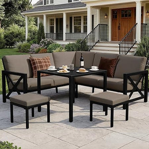 6-Piece L-Shape Outdoor Patio Sectional Sofa Set with Metal Frame & Olefin Cushions