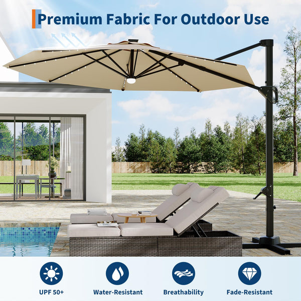 10 ft Cantilever Patio Umbrella with Solar LED Lights & 360° Rotation