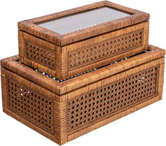 Rattan & Wood Display Boxes with Glass Top – Set of 2