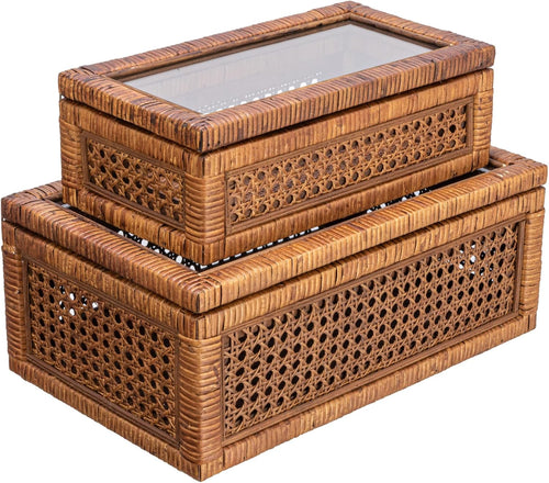 Rattan & Wood Display Boxes with Glass Top – Set of 2