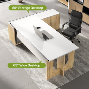 74" L-Shaped Executive Desk with Storage Cabinet & Shelves