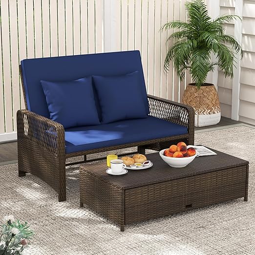 PE Rattan Double Chaise Lounge Set with Adjustable Back & Storage Ottoman