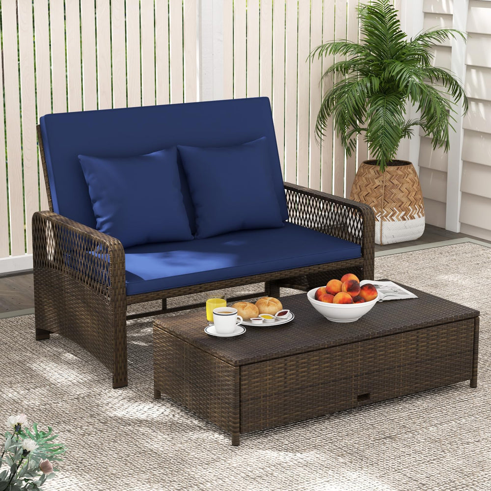 Outdoor Rattan Daybed Loveseat Set with Storage Ottoman & Cushions
