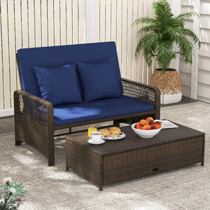 Outdoor Rattan Daybed Loveseat Set with Storage Ottoman & Cushions