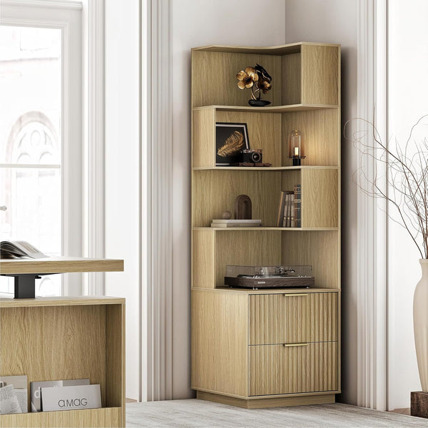 L-Shaped Corner Bookshelf with Drawers, 4-Tier, 71" Tall