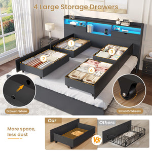 King Bed Frame with Storage Drawers, LED Lights & Charging Station