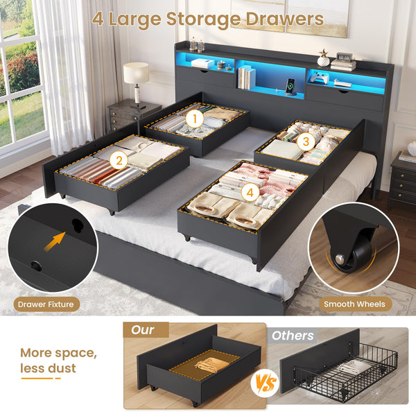 King Bed Frame with Storage Drawers, LED Lights & Charging Station