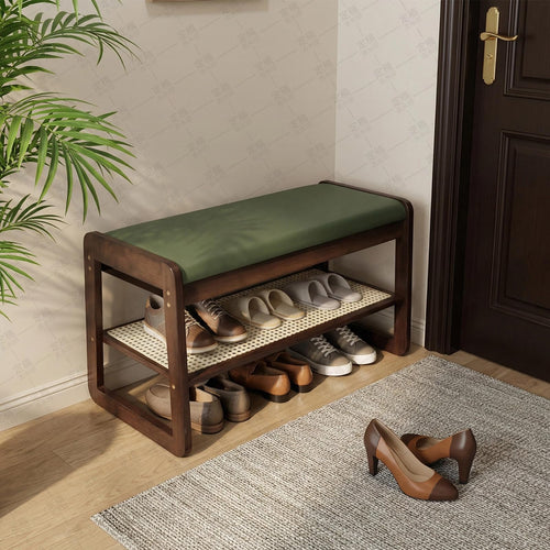 2-Tier Bamboo Shoe Rack Bench with Cushion & Hidden Storage