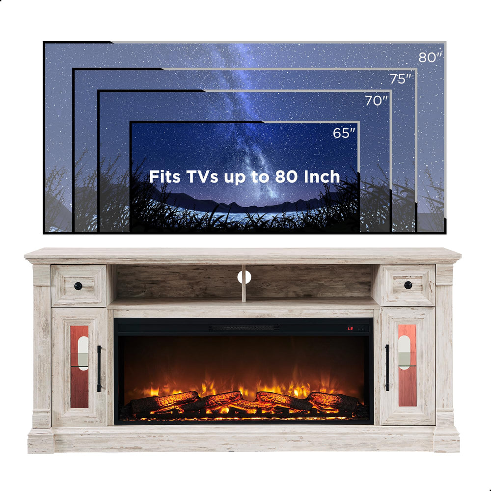 Farmhouse Fireplace TV Stand with 42" Electric Fireplace – 70" Wide, Fits TVs Up to 80"