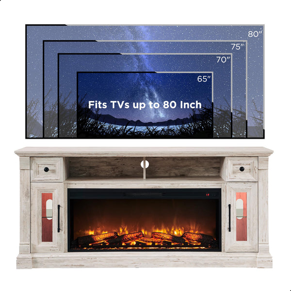 Farmhouse Fireplace TV Stand with 42" Electric Fireplace – 70" Wide, Fits TVs Up to 80"