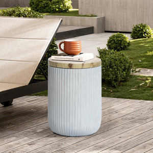 Outdoor Side Table with Storage Cement Patio End Table Wood Lid Accent Table