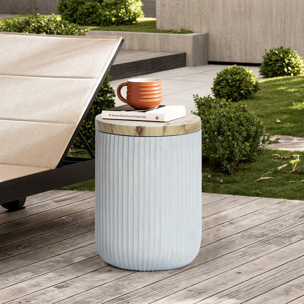 Outdoor Side Table with Storage Cement Patio End Table Wood Lid Accent Table