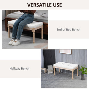 French Vintage Upholstered Bench – Button Tufted, Cream White