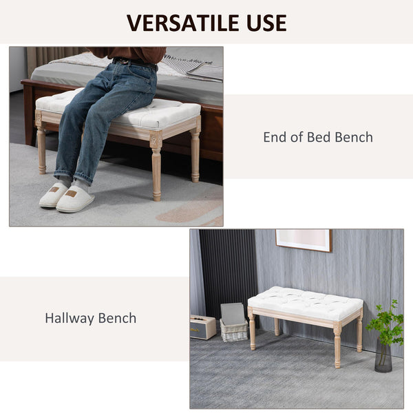 French Vintage Upholstered Bench – Button Tufted, Cream White