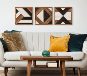 Boho Wood Wall Art Plaque Set of 3 – Geometric Rustic Decor