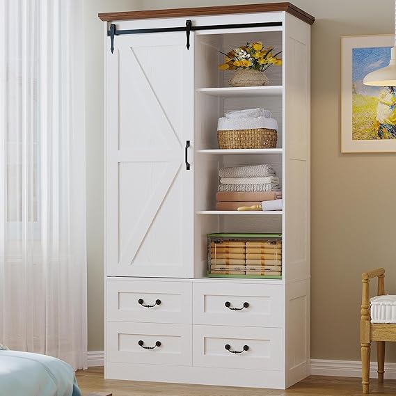 Sliding Barn Door Wardrobe with 4 Drawers & Hanging Rod — 71" Tall Bedroom Armoire