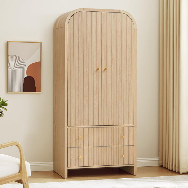 Arched Armoire Wardrobe Closet with Hanging Rod & Drawers