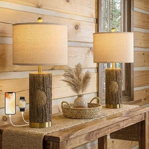 Rustic Farmhouse Table Lamp Set with USB Charging Ports